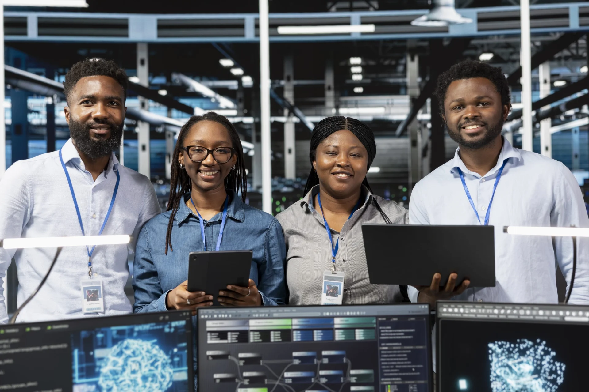 Portrait of happy server farm team looks at data analysis graphs